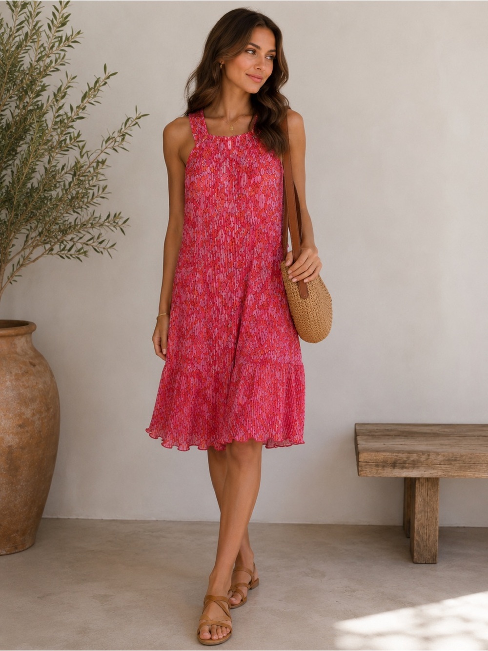 Beachlissi Pleated Floral Dress Pink Orange Sleeveless Size M Y2K